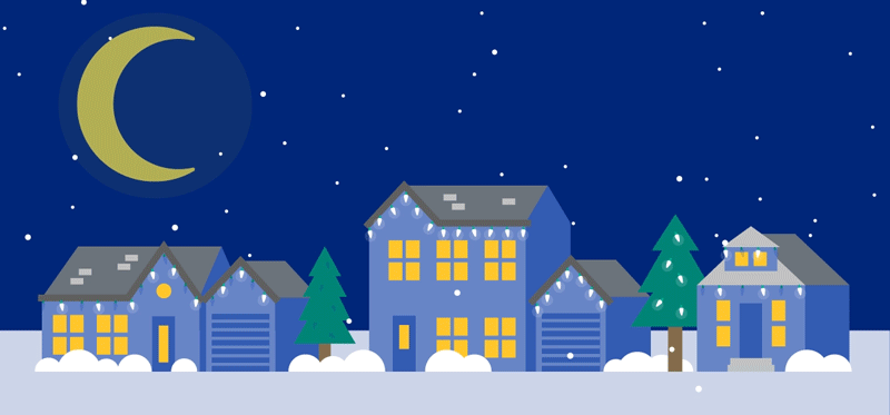 Houses during winter with crescent moon. 